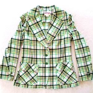 L women's vintage plaid blazer suit jacket coat